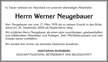 Traueranzeige von Werner Neugebauer von Allgäuer Zeitung, Marktoberdorf