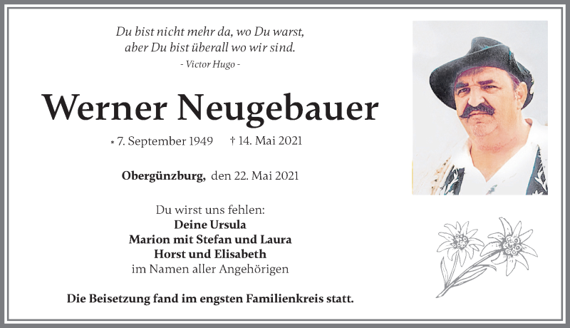  Traueranzeige für Werner Neugebauer vom 22.05.2021 aus Allgäuer Zeitung, Marktoberdorf
