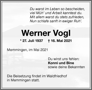 Traueranzeige von Werner Vogl von Memminger Zeitung
