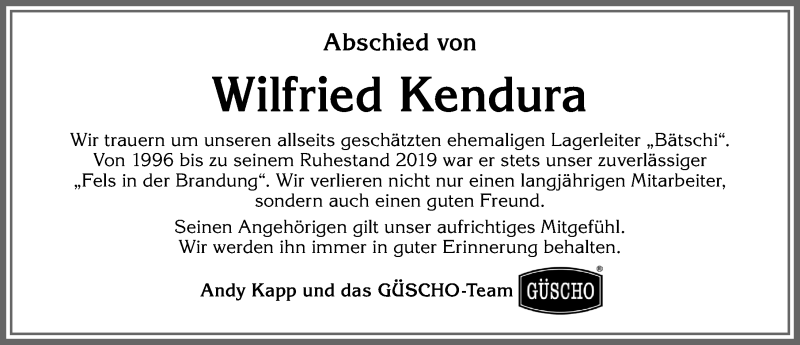  Traueranzeige für Wilfried Kendura vom 22.05.2021 aus Allgäuer Zeitung, Marktoberdorf