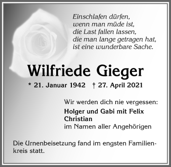 Traueranzeige von Wilfriede Gieger von Allgäuer Zeitung,Kempten