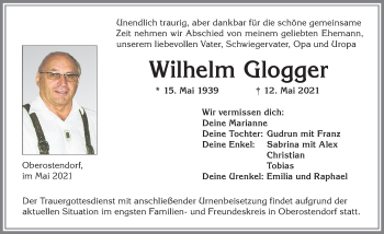Traueranzeige von Wilhelm Glogger von Allgäuer Zeitung, Kaufbeuren/Buchloe