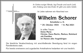 Traueranzeige von Wilhelm Schorer von Allgäuer Zeitung, Kaufbeuren/Buchloe