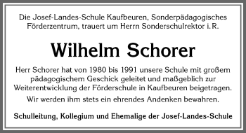 Traueranzeige von Wilhelm Schorer von Allgäuer Zeitung, Kaufbeuren/Buchloe