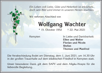 Traueranzeige von Wolfgang Wachter von Allgäuer Zeitung,Kempten