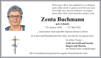 Traueranzeige von Zenta Buchmann von Allgäuer Zeitung, Kaufbeuren/Buchloe