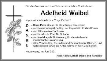 Traueranzeige von Adelheid Waibel von Allgäuer Zeitung, Marktoberdorf