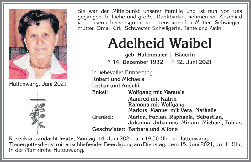  Traueranzeige für Adelheid Waibel vom 14.06.2021 aus Allgäuer Zeitung, Marktoberdorf
