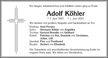 Traueranzeige von Adolf Köhler von Allgäuer Zeitung, Kaufbeuren/Buchloe