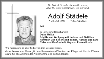 Traueranzeige von Adolf Städele von Allgäuer Zeitung, Füssen