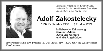 Traueranzeige von Adolf Zakostelecky von Allgäuer Zeitung, Kaufbeuren/Buchloe