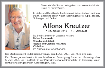 Traueranzeige von Alfons Kreutzer von Allgäuer Zeitung, Marktoberdorf