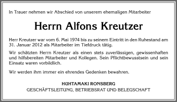Traueranzeige von Alfons Kreutzer von Allgäuer Zeitung, Marktoberdorf