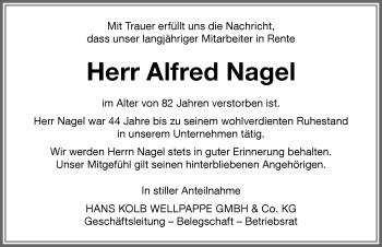 Traueranzeige von Alfred Nagel von Memminger Zeitung