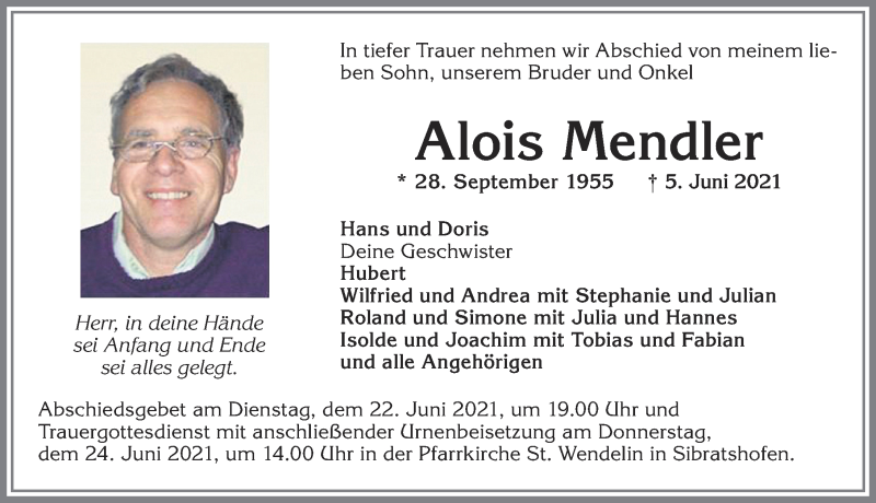  Traueranzeige für Alis Mendler vom 21.06.2021 aus Allgäuer Zeitung,Kempten