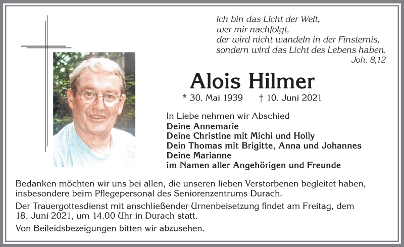  Traueranzeige für Alois Hilmer vom 12.06.2021 aus Allgäuer Zeitung,Kempten