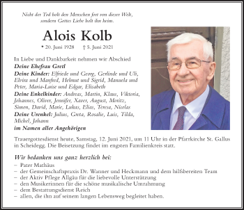 Traueranzeige von Alois Kolb von Der Westallgäuer