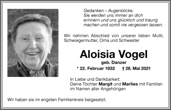 Traueranzeige von Aloisia Vogel von Memminger Zeitung