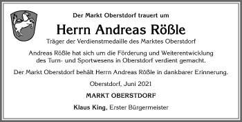 Traueranzeige von Andreas Rößle von Allgäuer Anzeigeblatt