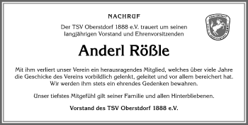 Traueranzeige von Andreas Rößle von Allgäuer Anzeigeblatt