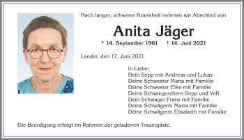 Traueranzeige von Anita Jäger von Allgäuer Zeitung, Kaufbeuren/Buchloe