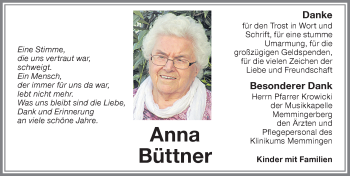 Traueranzeige von Anna Büttner von Memminger Zeitung