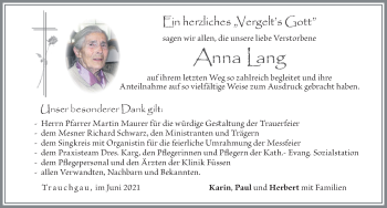Traueranzeige von Anna Lang von Allgäuer Zeitung, Füssen