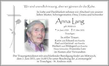 Traueranzeige von Anna Lang von Allgäuer Zeitung, Füssen