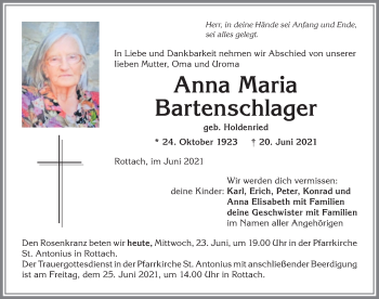 Traueranzeige von Anna Maria Bartenschlager von Allgäuer Anzeigeblatt