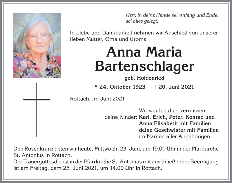  Traueranzeige für Anna Maria Bartenschlager vom 23.06.2021 aus Allgäuer Anzeigeblatt