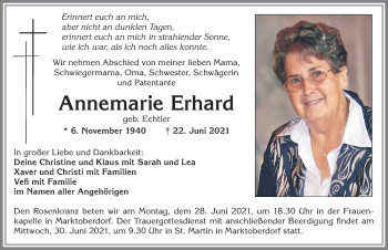Traueranzeige von Annemarie Erhard von Allgäuer Zeitung, Marktoberdorf