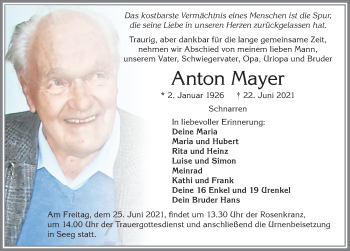 Traueranzeige von Anton Mayer von Allgäuer Zeitung, Füssen