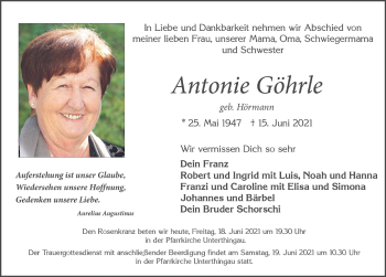 Traueranzeige von Antonie Göhrle von Allgäuer Zeitung, Marktoberdorf