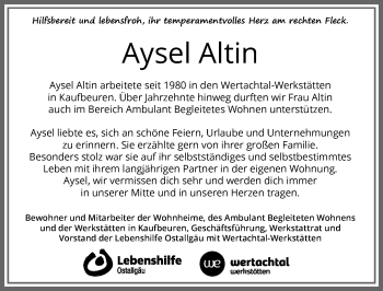 Traueranzeige von Aysel Altin von Allgäuer Zeitung, Kaufbeuren/Buchloe