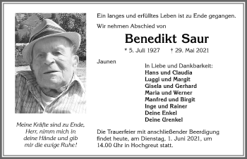Traueranzeige von Benedikt Saur von Allgäuer Zeitung,Kempten