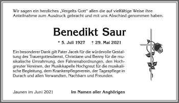 Traueranzeige von Benedikt Saur von Allgäuer Zeitung,Kempten