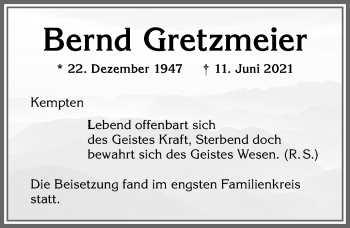 Traueranzeige von Bernd Gretzmeier von Allgäuer Zeitung,Kempten