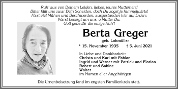 Traueranzeige von Berta Greger von Allgäuer Zeitung, Marktoberdorf