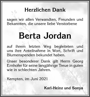 Traueranzeige von Berta Jordan von Allgäuer Zeitung,Kempten