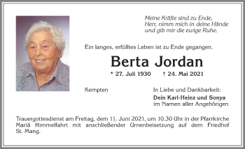 Traueranzeige von Berta Jordan von Allgäuer Zeitung,Kempten