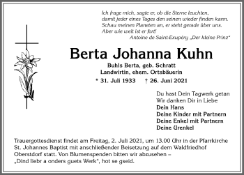 Traueranzeige von Berta Johanna Kuhn von Allgäuer Anzeigeblatt