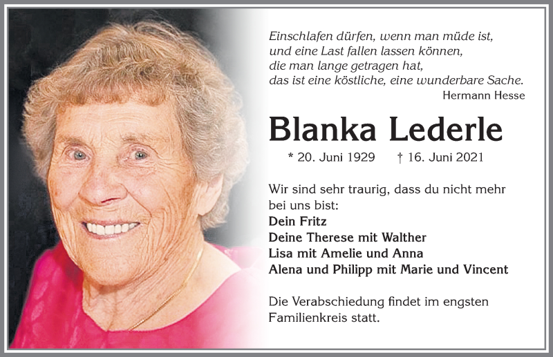  Traueranzeige für Blanka Lederle vom 22.06.2021 aus Allgäuer Zeitung, Kaufbeuren/Buchloe