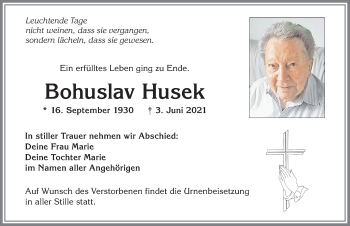 Traueranzeige von Bohuslav Husek von Allgäuer Zeitung, Kaufbeuren/Buchloe