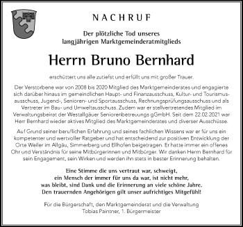 Traueranzeige von Bruno Bernhard von Der Westallgäuer