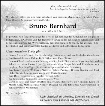 Traueranzeige von Bruno Bernhard von Der Westallgäuer