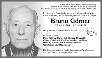 Traueranzeige von Bruno Görner von Allgäuer Zeitung, Kaufbeuren/Buchloe