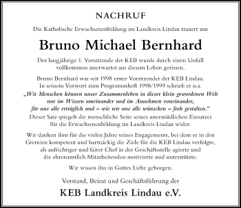 Traueranzeige von Bruno Michael Bernhard von Der Westallgäuer