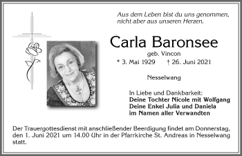 Traueranzeige von Carla Baronsee von Allgäuer Zeitung, Füssen