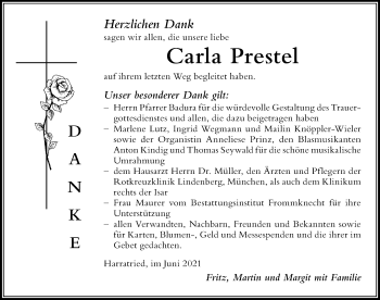 Traueranzeige von Carla Prestel von Der Westallgäuer