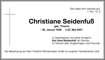 Traueranzeige von Christiane Seidenfuß von Allgäuer Zeitung